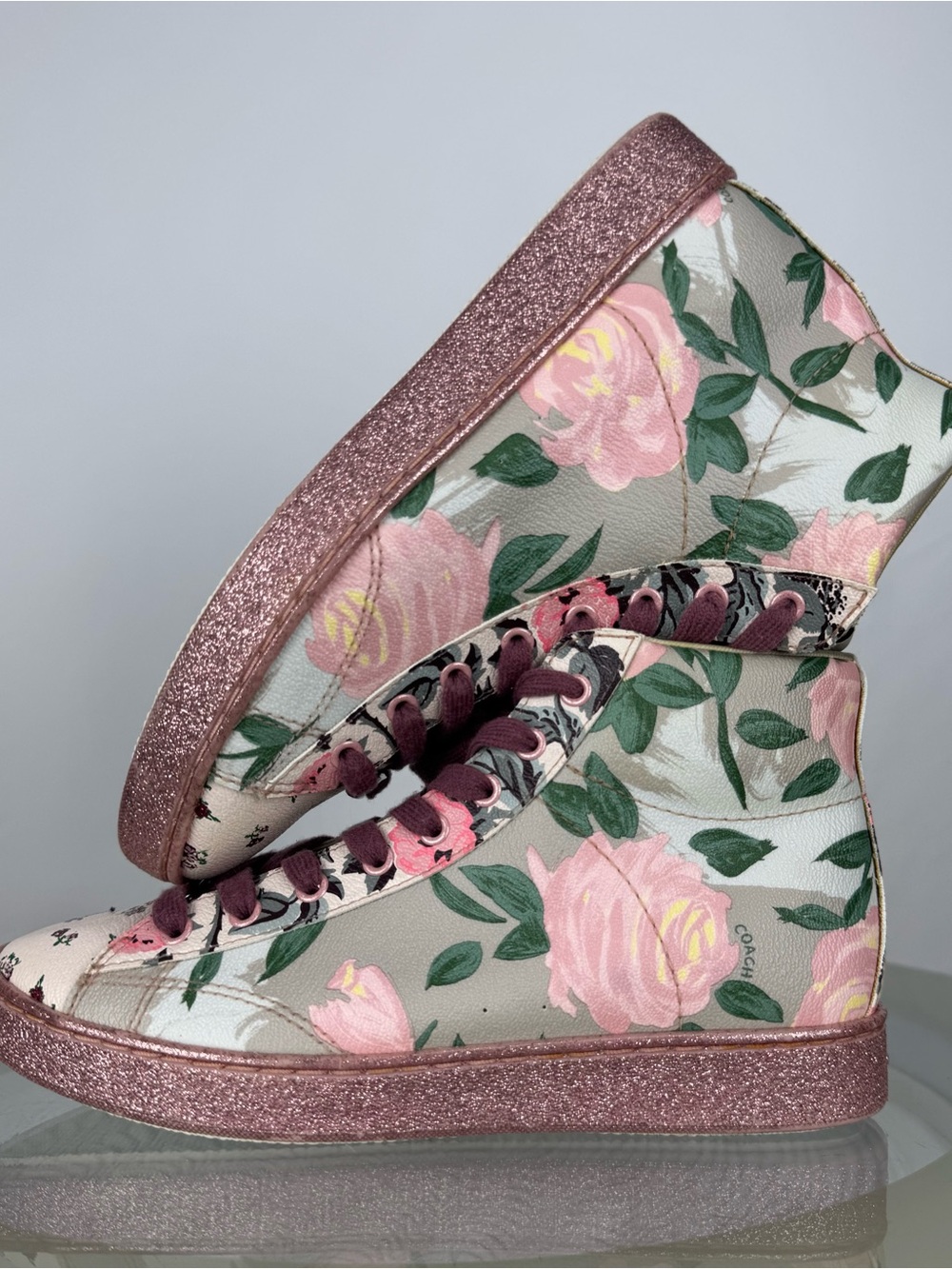 Coach Floral High-Top Sneakers in Pink and Green with Glitter Sole